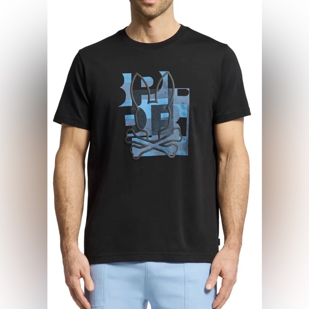 Psycho Bunny black graphic short sleeve crewneck tee shirt. 100% Pima cotton. XS